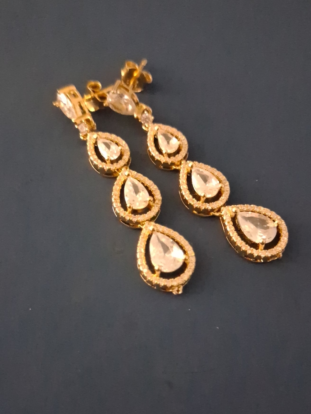 Gold Teardrop Triple Dangle Earrings with Clear Stones